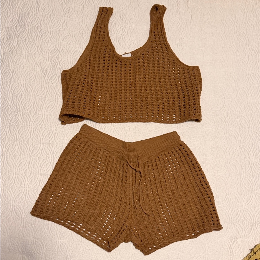 Brown Knit Tank and Shorts Set
